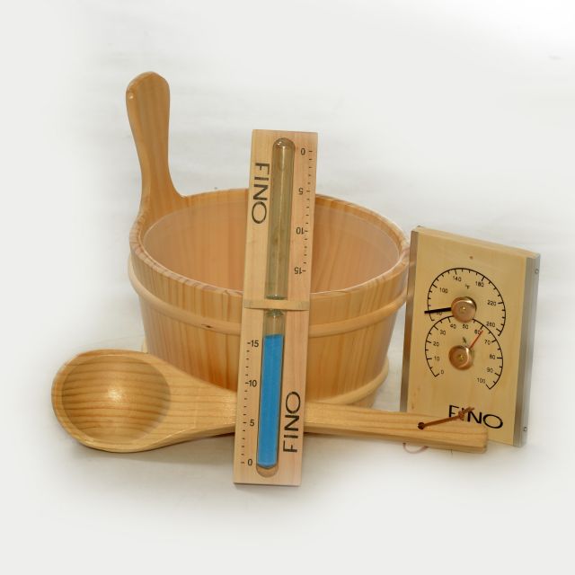 Finnish Sauna Bucket, Ladle, Thermometer / Hygrometer and Sand Timer Kit